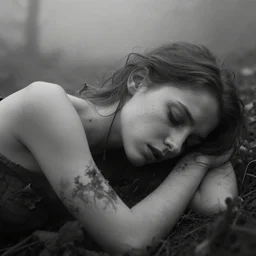 birth is a curse and she hasn't forgot that pain is another way of falling asleep, she is 2 1, skinny and beautiful, she listens to oathbreaker, still from a jean luc godard movie, black and white, the background is infected, insanely detailed, close up, foggy like in norwegian black metal aesthetic