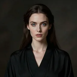 detailed cinematic wide shot of tao okamoto beautiful attractive vampire woman slim face symettrical face clean skin blue eyes black robe smooth, sharp focus, ultra realistic, spring light, painting by gaston bussiere, craig mullins, j. c. leyendecker