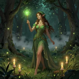 Beautiful woman, elf, Brown hair, magic wand, candles, light fog, green lights, fireflies, night, magic, old ritual, head scarf, meadow in the forest, old trees, full body shot, fantasy character, detailed illustration, hd, 4k, digital art, overdetailed art, concept art, by Alfons Mucha, complementing colors, Trending on artstation, deviantart