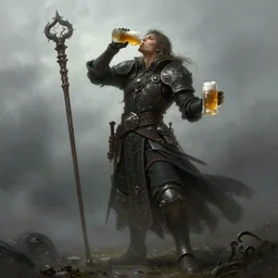 magician with very long staff in left hand drinks beer, magic staff in left hand, beer, glass, beer mug in hand, intricate, triumphantly, foggy background, full body art, dark souls, drawing, concept art, artstation, digital painting