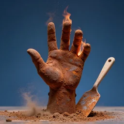highly detailed photography of a men made of rust clay and fire, hand gesture, sharp focus, dust particles, dirt, dramatic scene, aesthetic, dynamic lighting, elegant, harmony, masterpiece, by roberto ferri, blue background, high quality, spatula