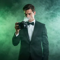 Man wearing classy tuxedo inside cloud of smoke, Canon EOS R3, details, f/1.4, green, ISO 200, 1/160s, 8K, RAW, unedited