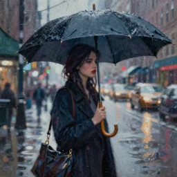 woman with umbrella, manhattan night rain, intricate oil painting by greg rutkowski, trending on artstation