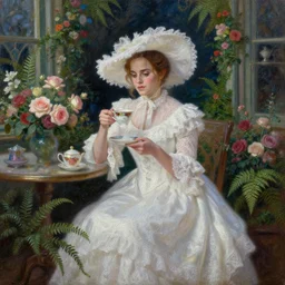 textured film grain oil on canvas fantasy, glow, shimmer, emma watson as victorian woman in a long white frilly lace dress and a large white hat having tea in a sunroom filled with flowers, roses and lush fern flowers ,intricate, night, highly detailed, dramatic lighting , high quality