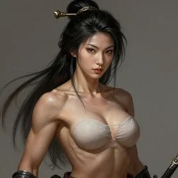 portrait of a lovely asian samurai woman onna-musha, muscular, upper body, unarmored , D&D, fantasy, intricate, cinematic lighting, highly detailed, digital painting, artstation, concept art, smooth, sharp focus, illustration, art by Hajime Sorayama
