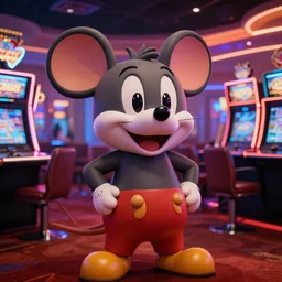 Still of Chuck E. Cheese mouse mascot, casino interior, in the movie Blade Runner, cinematic lighting, 4k
