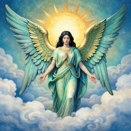 an angel, long black hair, ancient persian, wings, clouds, sun, extremely detailed, symmetrical, stippling, hyperrealism, turquoise and gold and green and blue color scheme