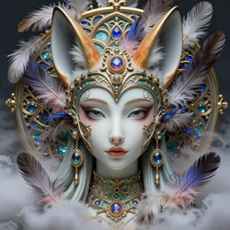 face portrait, artwork by james jean made of feathers mist and cloud, chiara bautista, hyperdetailed realistic smooth polished porcelain, beautiful jackal queen, jean delville, art nouveau, highly saturated colors, ornate metal gothic icon heavy patina, joy, delicate, ultrasharp hyperdetailed photorealistic octane render, enchanting, otherworldly, whimsical, ethereal, mythology, magical