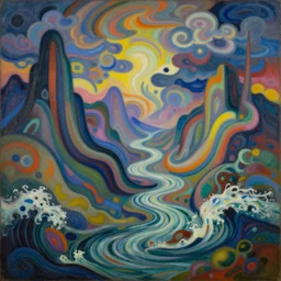 An insane, modernist landscape painting. Wild energy patterns rippling in all directions. Curves, organic, zig-zags. Mountains, clouds. Rushing water. Waves. Psychedelic dream world. Ethereal. Odilon Redon. Andre Derain.