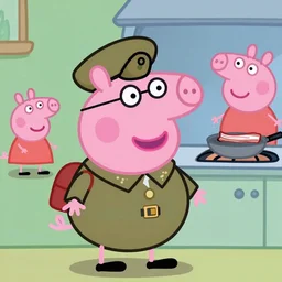 Peppa pig as a military leader, bacon cooking in background, trending on artstation, hyperrealism