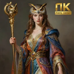 an anthropomorphic beautiful goddess male wizard made of owl portrait holding a staff wearing colourful robe, fine art, award winning, intricate, elegant, sharp focus, octane render, hyperrealistic, cinematic lighting, highly detailed, digital painting, 8 k concept art, art by jamie hewlett and z. w. gu, masterpiece, trending on artstation, 8 k