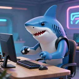 humanoid shark playing videogames, digital art, trending on artstation
