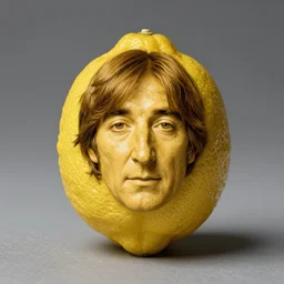 professional studio photograph of a lemon with a face that looks exactly like john lennon