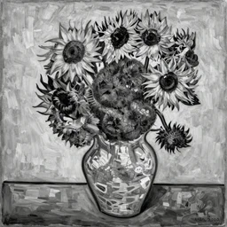an abstract painting of a vase with sunflowers by pablo picasso, black and white