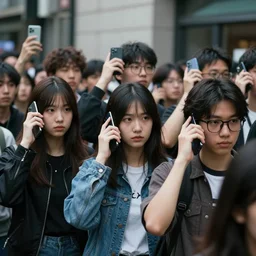 a crowd of young people on the streets hold their cell phones very close to their heads, theey look like zombies, fantasy style, 4 k, philosophical art