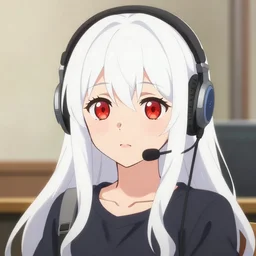 anime portrait of white long haired red eyed young cute girl wearing headset by kyoto animation