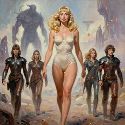a mixed media painting of one very beautiful blonde woman fleeing from a distant colossus creature on an alien world, elegant, aesthetic!!! symmetrical face and eyes, sixties pinup, photorealistic, curvy by frank frazetta, donato giancola, boris vallejo, greg rutkowski, christian macnevin, leather scifi armor, epic sci - fi character art,