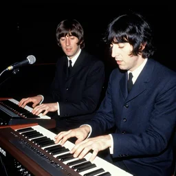 Charles Manson playing keyboard with The Beatles, flash photography, 8k