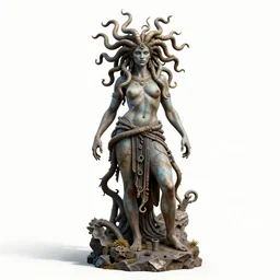 battle-worn gorgon medusa, high detail digital art, full body, standing, isolated on a pure white background, centered, whole figure in frame, sharp focus, studio lighting