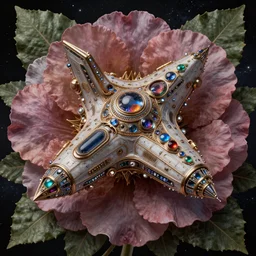 space ship organic, flower, leaf, cosmic, highly detailed ornate with jewels and precious metals futuristic, sandman kingdom, kingdom of dreams, space ships, hiperrealistc, by paul laffoley