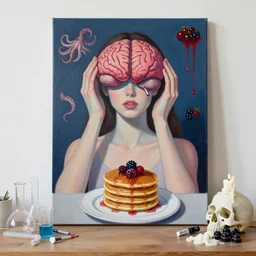 “ sensual, a portrait in a female art student ’ s apartment, pancakes, woman holding a brain from inside a painting, berries, octopus, surgical supplies, skull, scientific glassware, art materials, candle dripping white wax, berry juice drips, neo - expressionism, surrealism, acrylic and spray paint and oilstick on canvas ”
