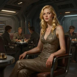 concept art by greg rutkowski, a very tall, and slender woman with blond hair, sitting with the crew in the ship's dining room, brutalist futuristic interior, dark lighting atmosphere, detailed portraits, nostalgic atmosphere, scifi, digital painting, artstation, concept art, smooth, sharp foccus ilustration, artstation hq