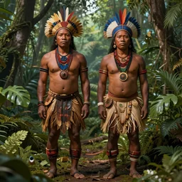 two indigenous people standing side by side in the jungle, fantasy art, highly detailed, matte painting