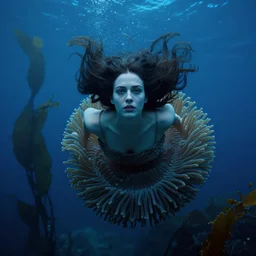 moody cinematic photograph of a woman wearing a sea anemone dress, floating under the ocean, with detailed face, huge flowing hair by tim walker and wes anderson, in the ocean, deep blue colours, lots of detail, fine facial features, sea kelp forrest