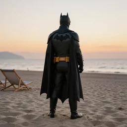 full body photo of batman, he is on a beach watching the sunset, there are loungers and palapas by max rive, graphic studio design, high detail, unreal engine 5, trending on artstation