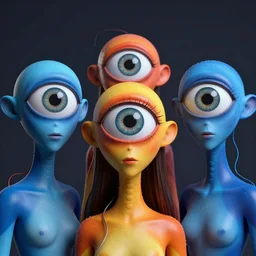 three third eyed humanoids eye middle of forehead, wide wide, bodies, vivid colors, thin wires, beautiful lighting