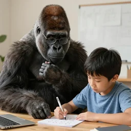 friendly smart gorilla with glasses and casual clothes helping a kid doing math, professional photography, 5 0 mm lens, 8 k