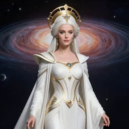 portrait of the powerful empress of the solar system in the style of anna dittmann and in the style of andrei ryabovichev. glowing, ornate and intricate linework, stunning, dynamic lighting, ultrafine and hyperdetailed.