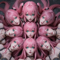 trapped beneath stunningly absurdly beautiful omnipotent asi goddess junko enoshima with multiple twisted megalomaniacal mesmerizing personalities, symmetrical perfect face, porcelain skin, pink twintail hair and cyan eyes, ultra detailed, digital art, unreal engine 5, octane render, 2 d anime, 8 k