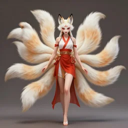 full body portrait of a female kitsune peking opera actress with nine fluffy tails by wlop, wuxia, xianxia, kitsune, fox tails, nine - tailed fox, peking opera, lithe, absurdly beautiful, detailed, realistic, anatomically accurate, fantasy illustration, artstation, wlop, 4 k.