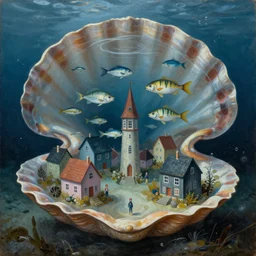 underwater city with fish citizens inside!! the seashell, small scandinavian houses, little people!!, by jacek yerka by magritte, surrealistic painting, masterpiece, oil painting, sharp focus, highly detailed, intricate, smooth, 8 k,