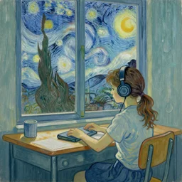 Sideview of a girl sitting at her desk wearing headphones in front of a big window, in the style of a Van Gogh Painting
