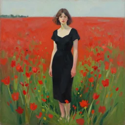 a painting of a woman in a black dress standing in a field of red flowers by craig mullins, trending on artstation, color field, concept art, artstation hd, matte drawing