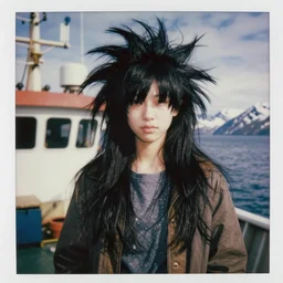 black - haired girl with wild spiky black saiyan hair with long bangs over her eyes, hair covering eyes, eyeless, wearing casual clothing, standing on an alaskan fishing vessel, mekoryuk, alaska, 1 9 6 5, polaroid, kodachrome, grainy photograph
