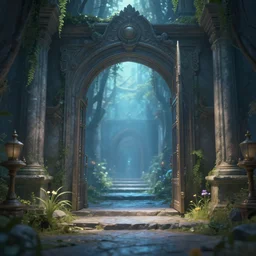 entrance to ethereal realm, rendered in unreal engine, central composition, symmetrical composition, depth of field