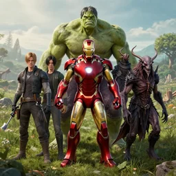 portrait of marvels ironman hulk by hr giger, greg rutkowski, luis royo and wayne barlowe as a diablo, resident evil, dark souls, bloodborne monster, elden ring creature : : in a garden, grassy field, large field in the background