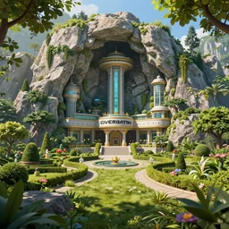 secret overwatch headquarters carved inside a mountain surrounding a lush garden, trimmed, magical, natural light, fantasy, architecture, sharp focus, concept art, by greg rutkowski and craig mullins, atmospheric, octane render