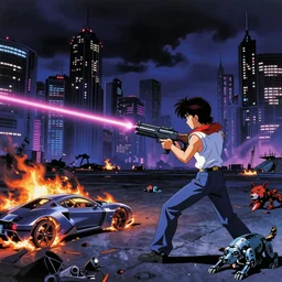 80s anime, dark neon city. laser gun battle on open space. futuristic cars lay in flames, destroyed robot dogs remains