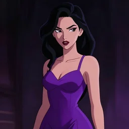 neo - noir, cell shaded, portrait of a woman in a purple dress, dark background, moody lighting, detailed, thick line art