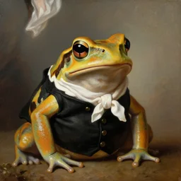 an anthropomorphic amazon milk frog wearing a black buttoned waistcoat with a white scarf, an american romanticism painting by john trumbull, a portrait painting, cgsociety, soft focus, oil on canvas