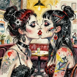 watercolor painting of two bizarre psychedelic goth women kissing each other closeup in a cafe in spain, speculative evolution, mixed media collage by basquiat and jackson pollock, maximalist magazine collage art, sapphic art, lesbian art, chemically damaged