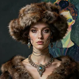 seed 1747097482 a beautiful Futuristic portrait with hat made by fur and twisted around her face ,necklace made by wires ,design by Leonardo DaVinci , inspired by egon schiele ,modern art,baroque art jewelry , new classic,hyper realistic,cinematic composition,cinematic lighting,fashion design, concept art, hdri,8k
