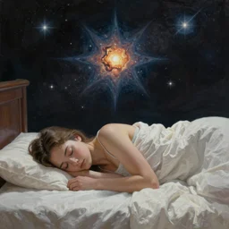 a girl sleeping on a bed in the middle of the space with a dying star on the back, ultra realistic paint