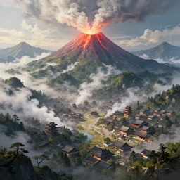 a powerful japanese village high in mountains, fanart artstation global illumination rtx hdr fanart arstation 3 d, volcano, mystical power steam, highly detailed, concept art by greg rutkowski and laurie greasley, fantastic landscape, 8 k, cinematic color grading