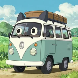 Wolfbus in anime style, looking like Catbus in Ghibli studio cartoons. 8k Resolution illustration. Trending on ArtStation and DeviantArt.