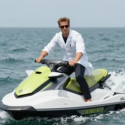 (doctor Michael Morbius) riding a jet ski